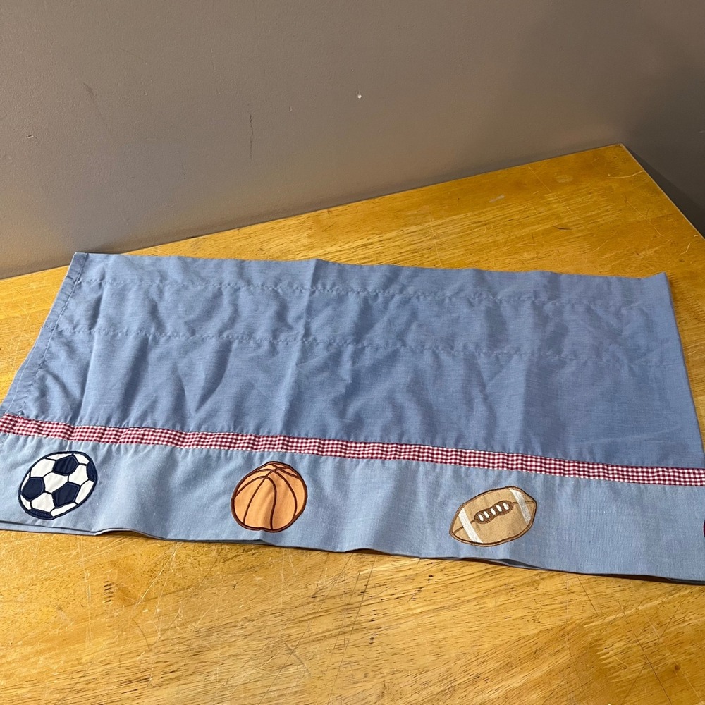 Vtg Sports Theme Blue Window Valance Gingham Trim Soccer Basketball 58x14